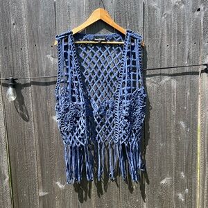 Blue Macramé 100% cotton Fringe Vest